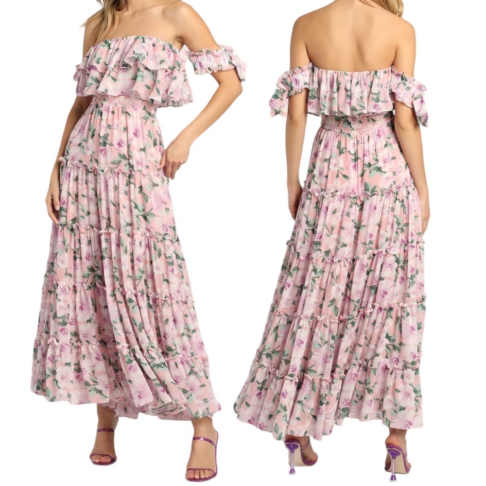 Lulu's Pink Floral Off-Shoulder Maxi Dress - Chance for us